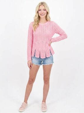 Tabula Rasa Pink Open Knit Peplum Slit Sweater Italian Yarn Linen Blend - Medium